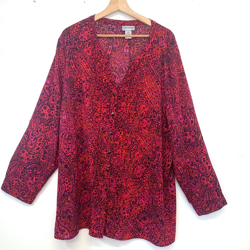 Catherines Paisley Button Up Blouse Long Roll Tab Sleeve Tunic 3X Colorful Boho